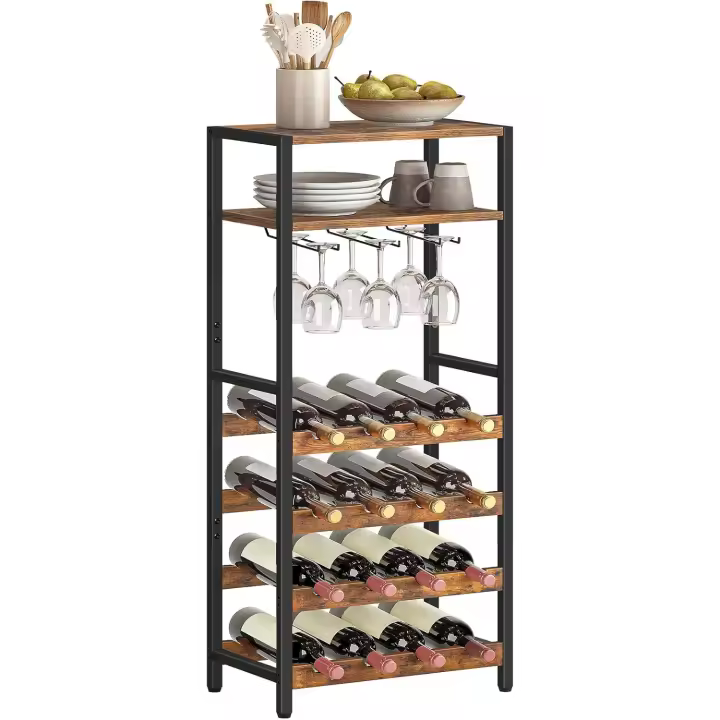Estantería de Vino de 16 Botellas Estantería de Vinos Independientes con Mesa de Madera y Soporte para Copas Expositor de Vinos de 5 Niveles para Cocina, Bar, Restaurante - 1