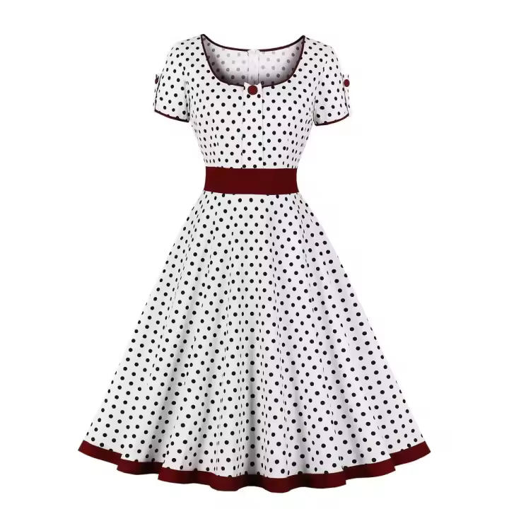 Comparación de trajes de verano retro Hepburn con lunares 50 cuello cuadrado de cintura alta - 1