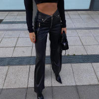 BUNO-pantalones ajustados de cuero PU con cremallera para mujer, ropa de calle informal Y2K para fiesta, pantalones de pierna recta de cintura alta, pantalones elegantes góticos 2025 - details 14