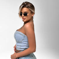 Spice girl pecho top conjunto de las mujeres de gama alta casual moda denim pecho envoltura tubo superior cintura alta suelta pantalones cortos - details 3