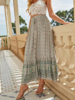 Faldas florales Bohemias de verano para mujer, cintura elástica, corte en A, falda Maxi con abertura, estampado verde S - details 6