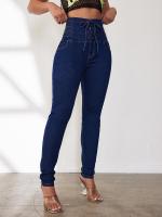 Cintura alta pies pequeños mujer cintura elástica elástico ajuste de cadera pantalones sexy con cordones pies pequeños jeans - details 2
