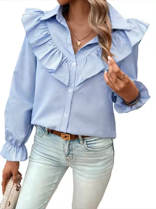 Top estético con mangas abullonadas para mujer, camisas con botones a la moda, blusas azules juveniles para mujer - 1