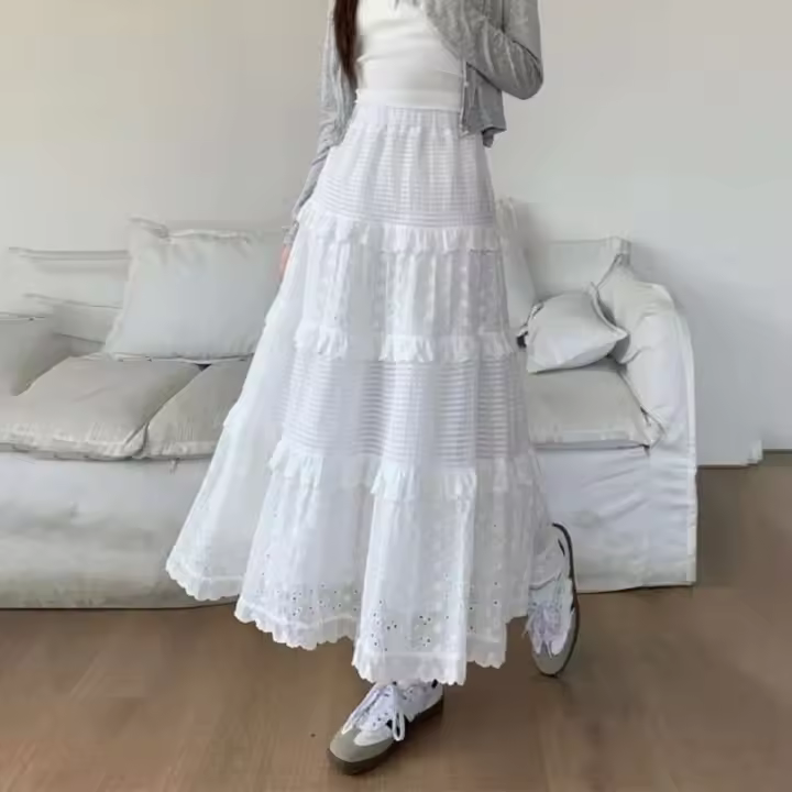 Falda Larga de Pastel Hueco Blanco Cintura Alta MIDI, Borduras con Fragmentos de Ballet, Estilo de Primavera para Damas - 1