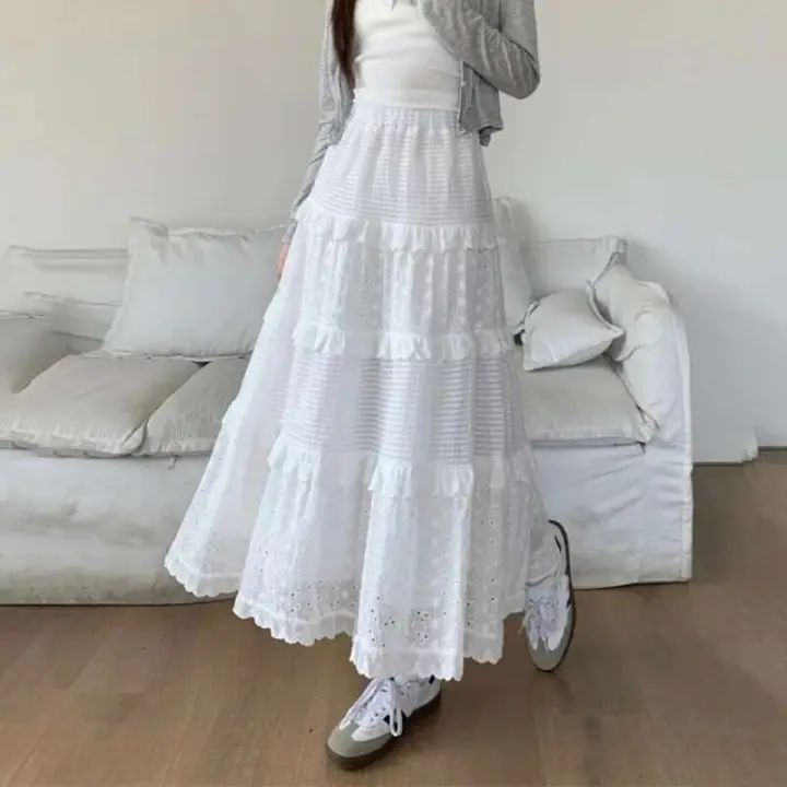 Falda Larga de Pastel Hueco Blanco Cintura Alta MIDI, Borduras con Fragmentos de Ballet, Estilo de Primavera para Damas - 1