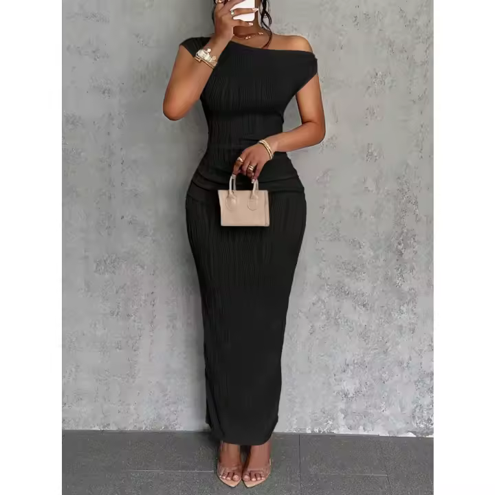 Elegante Vestido de Fiesta para Mujer Manga Corta, Escote Asimétrico, Ajuste Ajustado, Tejido Elástico Perfecto para Eventos Nocturnos o Cócteles - 1