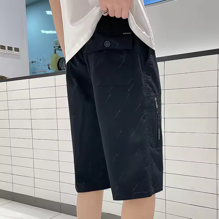 Pantalones de trabajo sueltos estampados con bolsillo con cremallera informal de algodón puro de color sólido grande para hombre - 1
