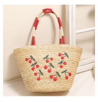 Bolso de paja de hombro de cereza bordado de nicho, bolso de playa de vacaciones junto al mar - details 4