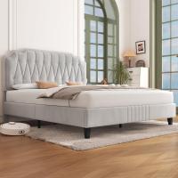 Tapizado en terciopelo Cama de matrimonio con cabecera ajustable en altura Marco de cama Soporte con listones de madera 160 × 200 cm Beige - details 0