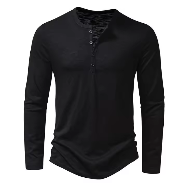 Camisa De Algodón Para Hombre Con Botones Cuello Henley Manga Larga Casual Color Sólido Moda Camisetas Transpirable Ligera Y De Wicking De Humedad - 1