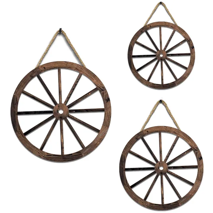 3Pcs Wooden Wagon Wheel Wall Hanging Rustic Garden Wall Art Vintage Hanging for Home Garage Wheel Shaped Pendant Decor - 1