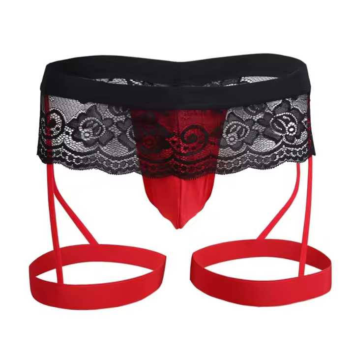 Ropa interior Sexy para hombre, lencería erótica con espalda en T, cinturón de pierna, tangas de encaje, bragas huecas, calzoncillos Gay, Bondage - 1