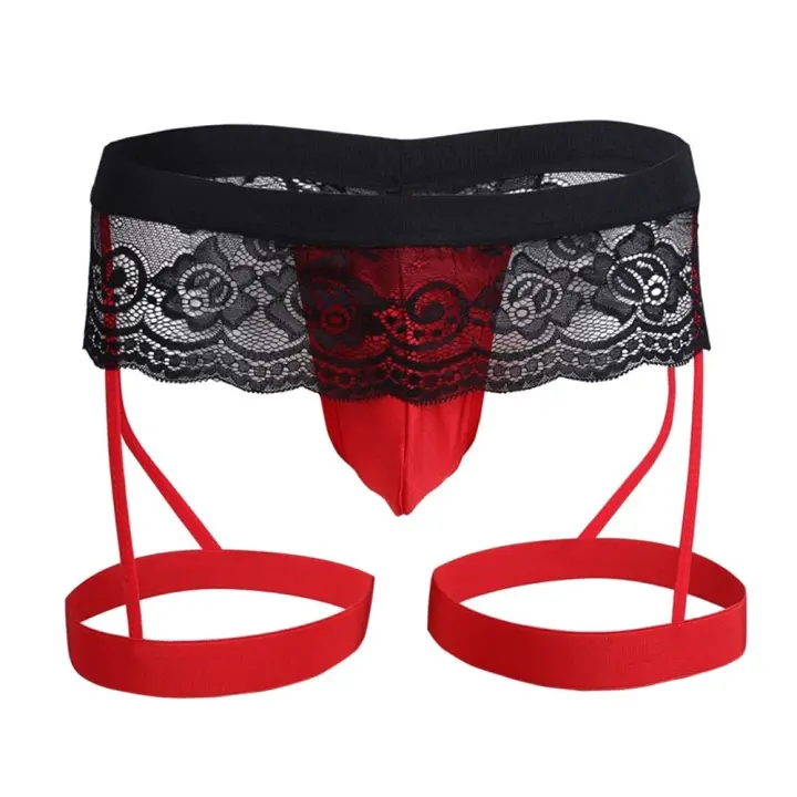 Ropa interior Sexy para hombre, lencería erótica con espalda en T, cinturón de pierna, tangas de encaje, bragas huecas, calzoncillos Gay, Bondage - 1