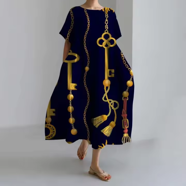 Ropa holgada de verano para mujer, vestidos bohemios, nuevo jersey de manga corta con estampado de cadena y cuello redondo a la moda para noche - 1