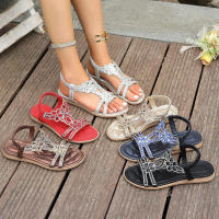 Sandalias planas de talla grande con diamantes de imitación de estilo étnico para mujer con diseño de correa trasera elástica - details 10
