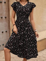 Vestido estampado de verano 2025, nuevo, elegante, para mujer, con cuello en V, lazo en la cintura y mangas con volantes. - details 0