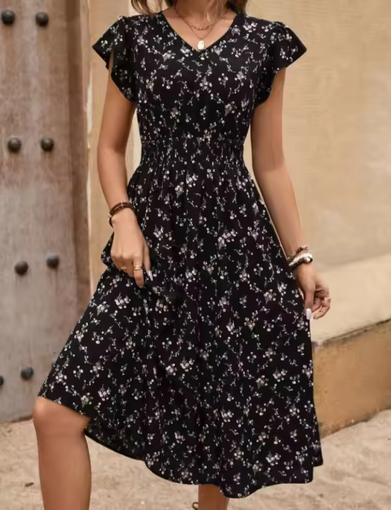 Vestido estampado de verano 2025, nuevo, elegante, para mujer, con cuello en V, lazo en la cintura y mangas con volantes. - 1