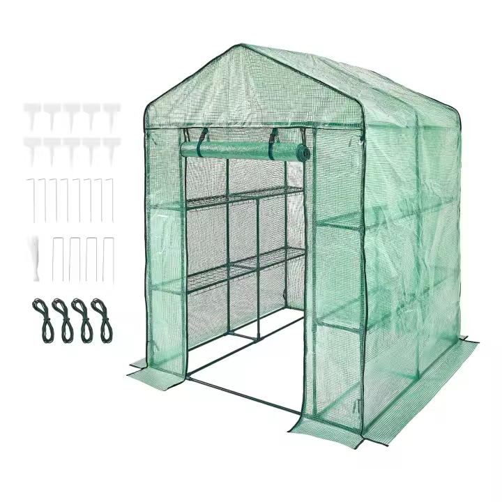 SucceBuy Invernadero para caminar, invernadero de 4.6 x 4.6 x 6.6 pies con estantes, instalación en minutos, cubierta de PE de alta resistencia con puertas y ventanas y marco de acero, adecuado para plantar y almacenar, verde - 1