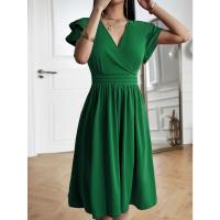 Vestido Elegante De Verano Con Cuello En V Y Manga Flor De Polyester Spandex A-Line Para Mujer Estilo Oficina Lady Longitud De Rodilla - details 7