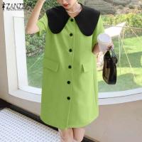 ZANZEA moda verano cuello de solapa vestido veraniego de manga corta Vestidos de oficina para mujer 2025 Casual Patchwork Vestidos de vacaciones bata Mujer - details 2
