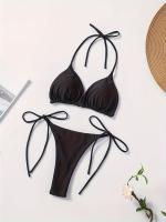 Conjunto De Bikini De Dos Piezas De Moda De Color Sólido, Con Cuello Halter, Triángulo Sin Espalda Y Lazos Laterales - details 24