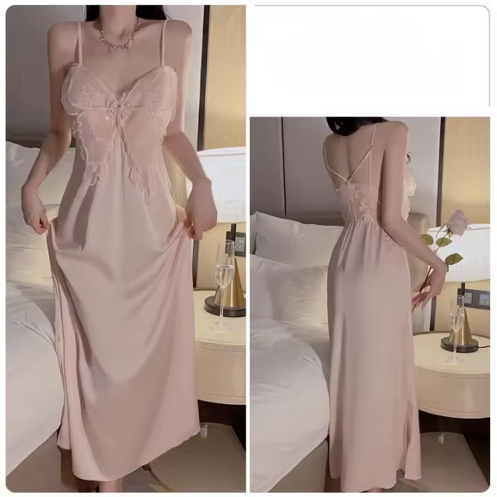 Encaje de satén más almohadilla para el pecho sexy pequeño extremo dividido flor mariposa ropa interior larga ropa de dormir camisón - 1