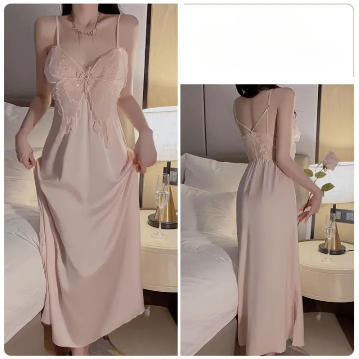 Encaje de satén más almohadilla para el pecho sexy pequeño extremo dividido flor mariposa ropa interior larga ropa de dormir camisón - 1