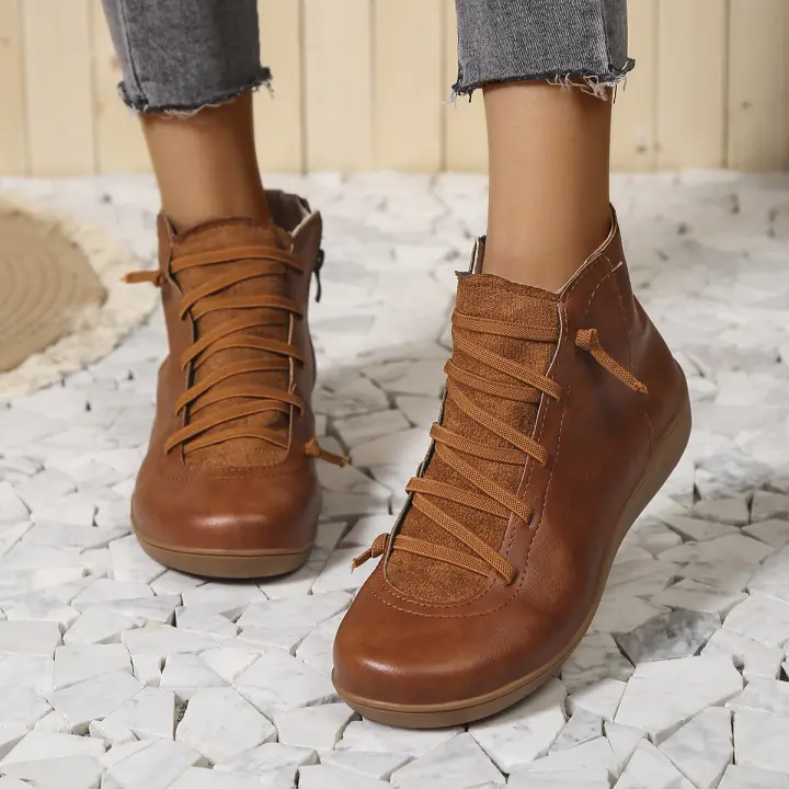 Botas planas retro de mujer, informales con cordones. - 1