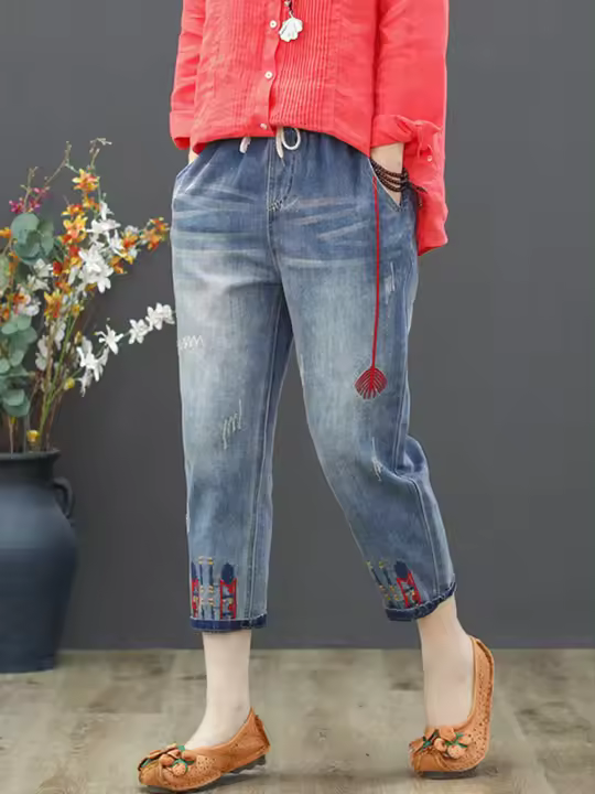 Pantalones vaqueros rasgados de gran tamaño para mujer, Jeans elásticos Vintage con bordado de ocio, moda de verano - 1