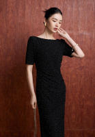 BGTEEVER-vestido ajustado a cuadros para mujer, prenda elegante de manga corta, ceñido a la cadera, con cuello oblicuo, para primavera y verano - details 6