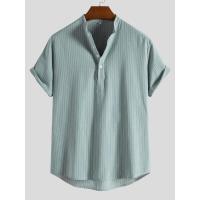 Camisa holgada de manga corta para hombre, camisa a rayas con cuello alto, estilo moderno, talla grande, nueva en 2024 - details 4