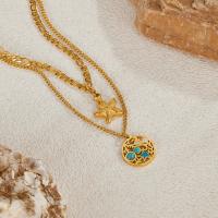 Collar con colgante de estrella de mar de doble capa – Gargantilla de acero inoxidable con perlas huecas y piedra natural para mujer - details 0