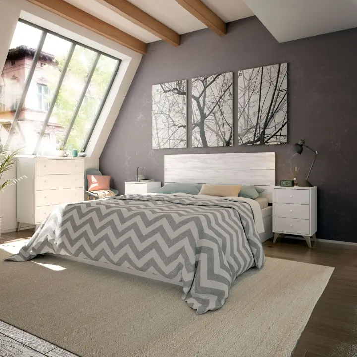 Conjunto Habitación Matrimonio Color Blanco Estilo Nórdico (cabecero + 2 Mesitas + Cómoda) - 1