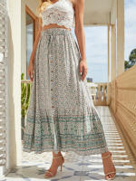 Faldas florales Bohemias de verano para mujer, cintura elástica, corte en A, falda Maxi con abertura, estampado verde S - details 5