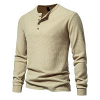 Camiseta de manga larga Henley para hombre, camisa básica transpirable con botones, informal, Color sólido, otoño - details 11