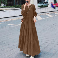 Vestido de Swing Largo para Mujer 2024 Cuello en V con Volantes Algodón y Cáñamo Elegante y Suelto - details 9
