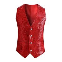 Chaleco de hombre con lentejuelas brillantes, sin mangas, ajustado, de un solo pecho, con cuello en V, chaleco Formal para hombre, traje ajustado con decoración de lentejuelas - details 14