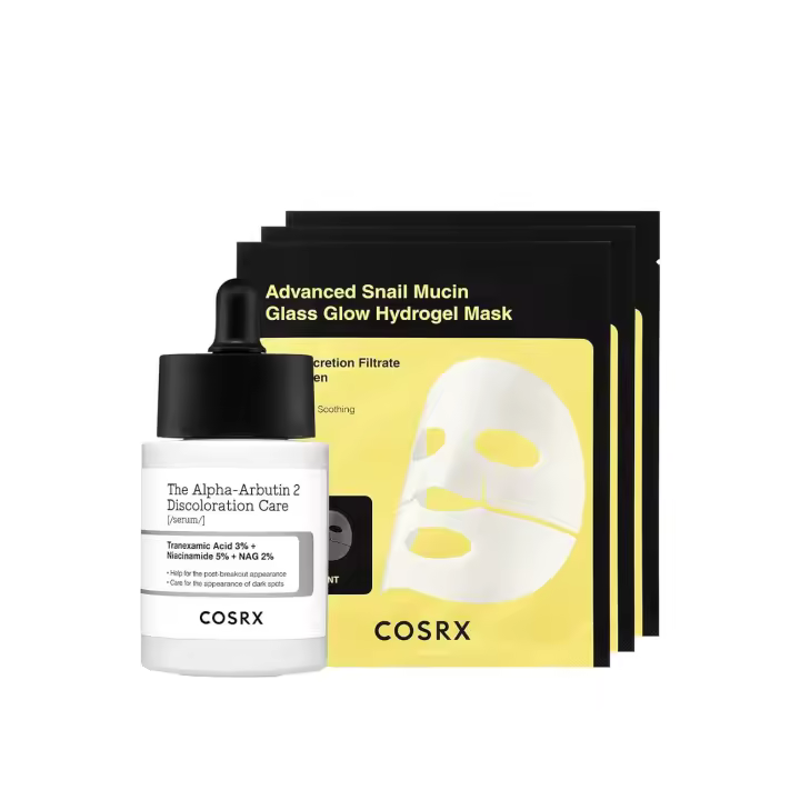 COSRX 2% Suero para el cuidado de la decoloración de alfa arbutina + Mascarillas de hidrogel con brillo de vidrio de mucina de caracol avanzadas - 1