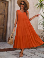 Vestido Boho sin Mangas de Verano 2024 Cuello en V, Color Sólido, Vestido de Flecos en Capas - details 5