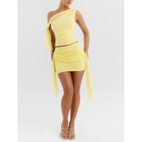 Conjunto de dos piezas informal de moda para mujer, gran venta 2024, falda corta ajustada fruncida sexy con parches de malla - details 1