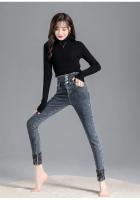Pantalones vaqueros térmicos de lana gruesa para mujer, Vaqueros ajustados cálidos de cintura alta, pantalones pitillo con botones elásticos, pantalones vaqueros informales de terciopelo para mamá - details 16