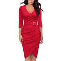 Elegante dama profundaVVestido con cuello y cinturón Vestido de fiesta plisado de manga larga ajustado de longitud media - details 6