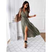 Vestido bohemio de verano con cuello en V, manga corta, falda larga, estampado de lunares - details 5