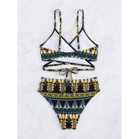 Traje de baño de dos piezas con lazo cruzado frontal para mujer, traje de baño de bikini sexy estampado de estilo étnico - details 17