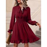 Vestido de mujer de manga larga con cuello en V, elegante y hermoso, color sólido, - details 5