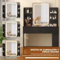 Tocador de Maquillaje con Luces LED, Brillo Ajustable, Mesa de Maquillaje con Espejo, con 2 Cajones Grandes y 4 Estantes Abiertos y Taquilla Lateral, Moderno, 90x40x135cm, Blanco - details 10