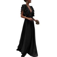 Vestido largo de color sólido para mujer con diseño de mangas voladas, cuello en V y escote trasero descubierto, ideal para eventos de cena. - details 5