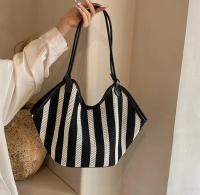 Bolso de mano informal para mujer, bolso de hombro tejido transpirable a rayas con cierre magnético, gran capacidad para viajes, desplazamientos y uso diario, diseño de rayas blancas y negras, bolso de viaje, bolso minimalista, asas duraderas, 1 unidad - details 4