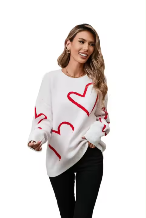 Suéteres de punto para mujer, Jersey holgado con estampado de corazón grande, cuello redondo, manga larga, estilo Harajuku coreano, blanco - 1