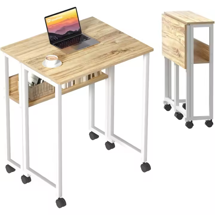 Pequeño Escritorio Plegable con Estante de Almacenamiento y Ruedas,Mesa para el Ordenador, fácil de Montar y Ahorro de Espacio para Officina,Beige - 1